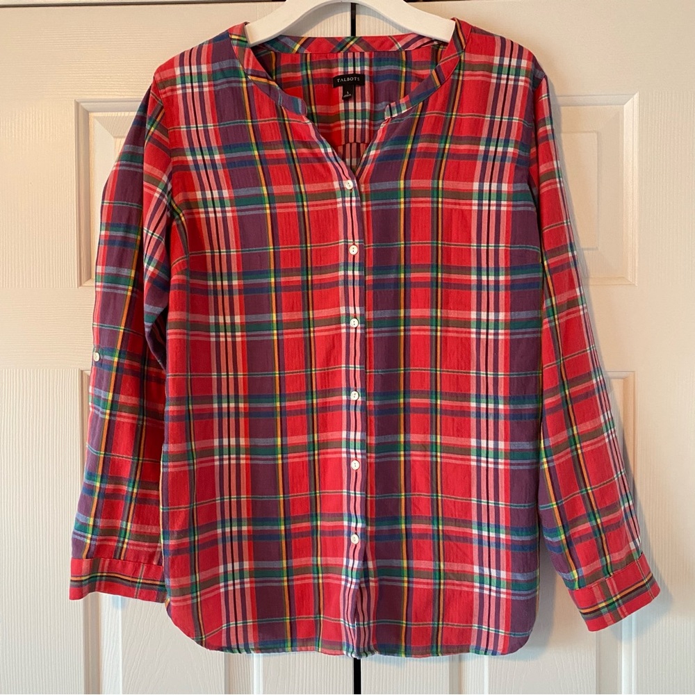 Talbots Red Colorful Plaid Button Front Shirt, L - image 1